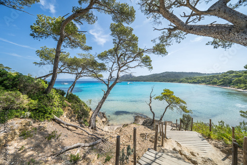 Beautiful Notre Dame beach (Plage Notre-Dame) on Porquerolles island (l'île de Porquerolles), France photo