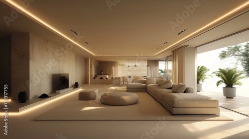  3d rendering of an elegant living room  in the style of mood lighting  dark beige and white