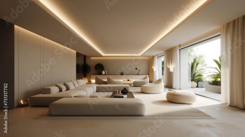  3d rendering of an elegant living room  in the style of mood lighting  dark beige and white