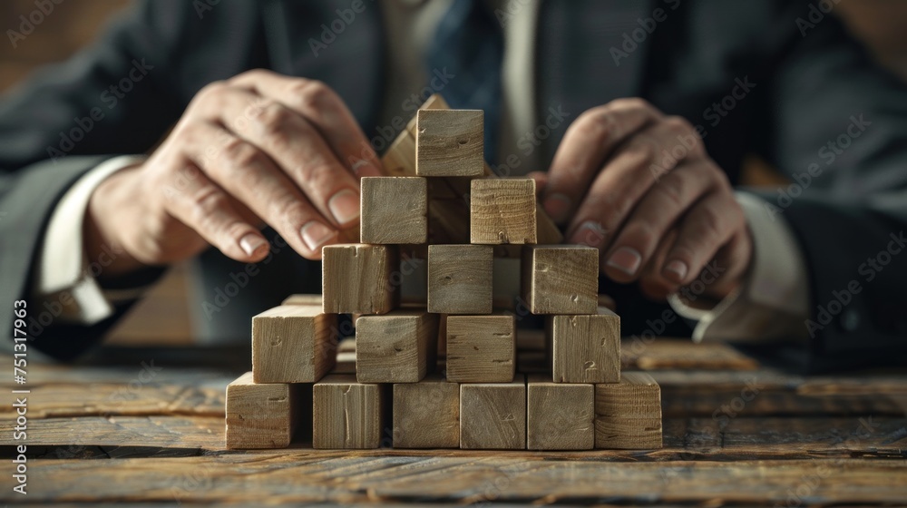 Businessman building a pyramid made of empty wood Businessman building a pyramid made of empty wood
