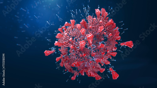 Soap molecules destroying a coronavirus, conceptual illustration. Soap molecules with a hydrophilic- water loving head (blue) and a hydrophobic - fat loving tail. photo