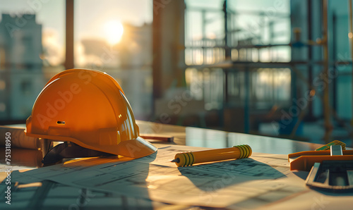 Construction blueprints and a yellow helmet placed against a construction site background, represent the concepts of construction planning and workplace safety. photo