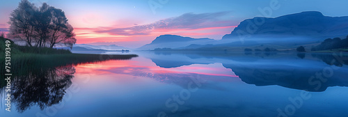 Tranquil Dusk Reflections: A Serene Long Exposure of a Calm Lake, Mirroring the Sky and Landscape in Perfect Harmony