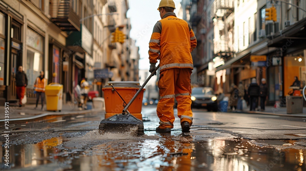 a janitor is cleaning a street in the city.
