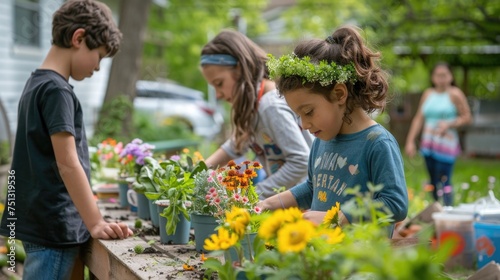 A community garden event on May Day, children making flower crowns, and tables set with local spring produce, creating a sense of renewal and community spirit