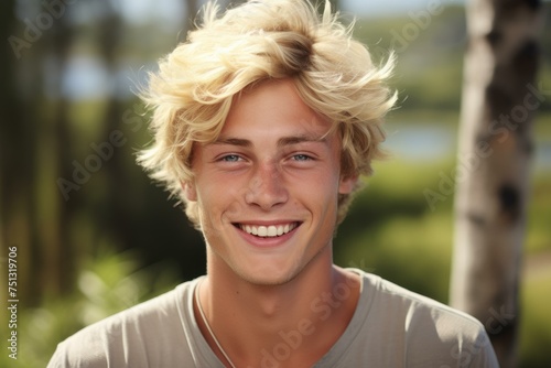 Portrait of smiling blond guy. Handsome man with medium length hair. Generate ai