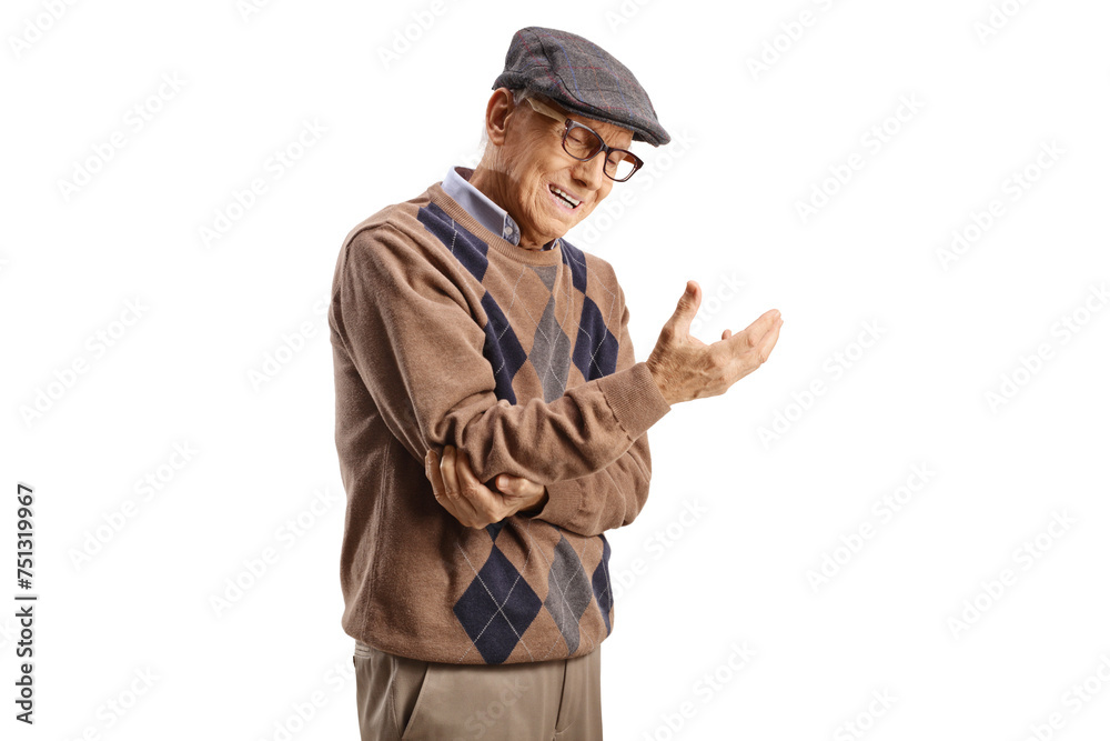 Elderly man with painful elbow isolated on white background Elderly man with painful elbow isolated on white background