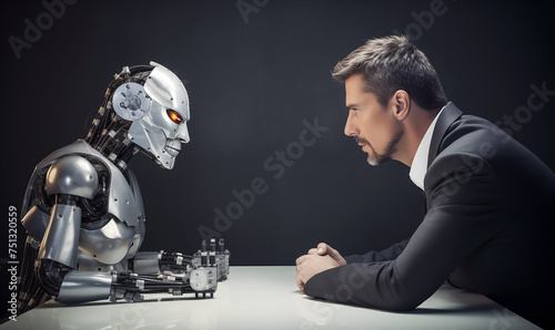 Concept of competition between humans and artificial intelligence robots replaces human organizations, unemployment, A suited man sitting in front of a robot