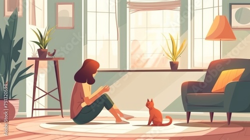 Beautiful girl plays with a cat in the living room near the window.