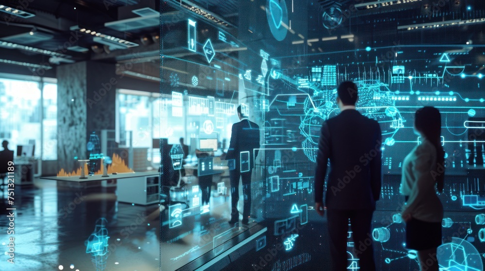 3D rendering of co-workers in a team wearing formal attire working together to optimize business processes using new technology. Hi-tech hologram 3D rendering of co-workers in a team wearing formal attire working together to optimize business processes using new technology. Hi-tech hologram