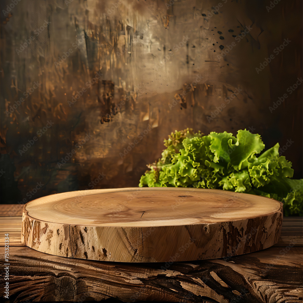 wood product stand with red oak salad background