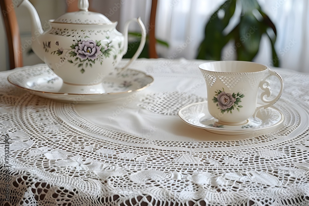 Fototapeta premium Victorian Vintage Lace Tablecloth and Antique Chandelier