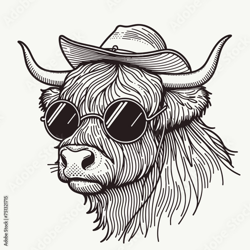 Highland Cow wear cowboy hat and leopard print scarf, Funny and Cool, Minimal T-Shirt design for Coffee Lover, Svg Eps Vector illustration photo