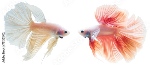 A pair of Rosetail and halfmoon Siamese fighting fish, Betta splendens, are depicted standing next to each other on a white background. Their vibrant colors and long flowing fins create a striking photo