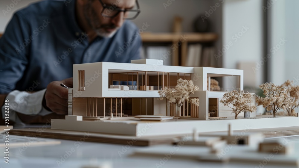 custom made wallpaper toronto digitalArchitect assembles model-style house model at work table in white office.