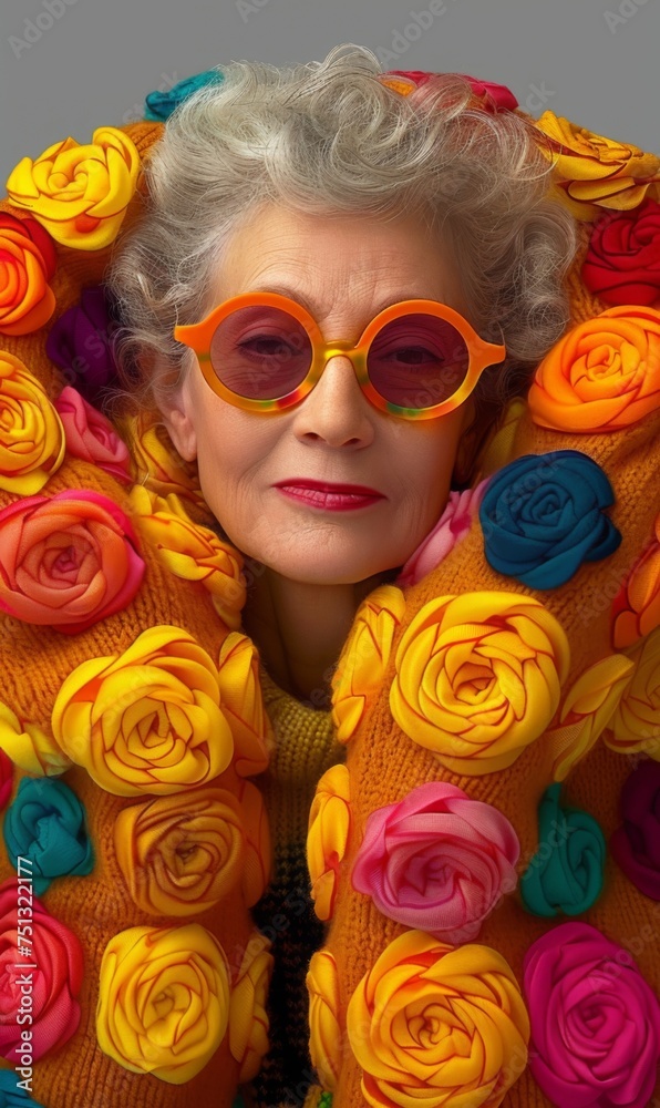 Portrait of a beautiful middle-aged woman in glasses and a colorful sweater Portrait of a beautiful middle-aged woman in glasses and a colorful sweater
