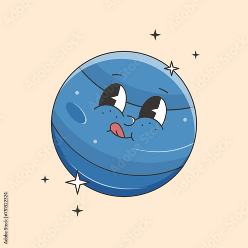 Planet Neptune character in groovy style. Vector illustration
