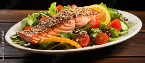 A plate of grilled Wild Alaskan salmon is accompanied by a colorful assortment of mixed greens, cashews, tomatoes, oranges, and sesame seeds, all drizzled with olive oil, placed on a rustic wooden