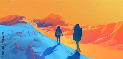 view mountain illustration orange, , blue color palette, people hi ng and trekking enjoying the nature photo