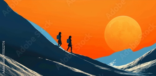 view mountain illustration orange, , blue color palette, people hi ng and trekking enjoying the nature