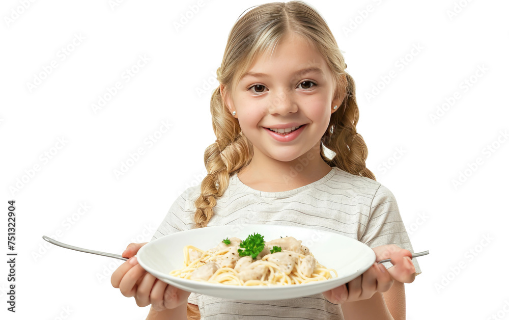 Young girl serving Chicken Alfredo on a plate isolated on transparent Background
