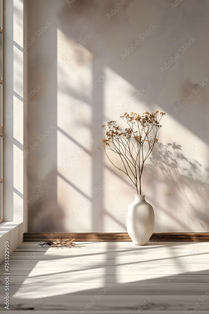 Empty room with shadows of window and dried flowers in vase. Japandi Style studio background