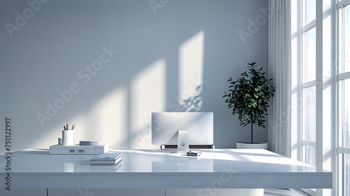 a modern minimalistic white toned modern office desk workspace,professional photograpy photo