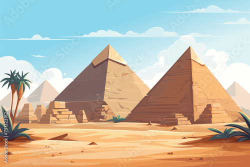 Egyptian desert with pyramids. Vector cartoon illustration of landscape with ancient pharaoh tombs