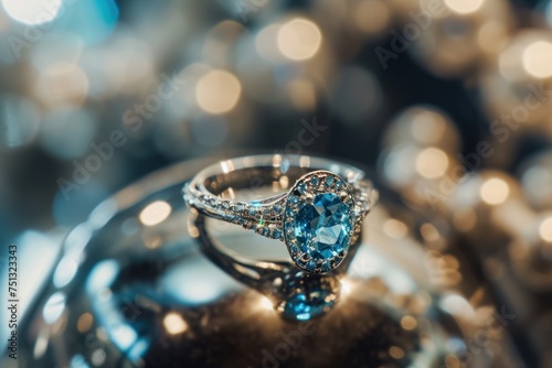 Jewelry ring with blue gemstone on bokeh background