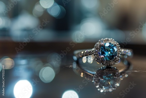 jewelry ring with blue sapphire on the mirror background