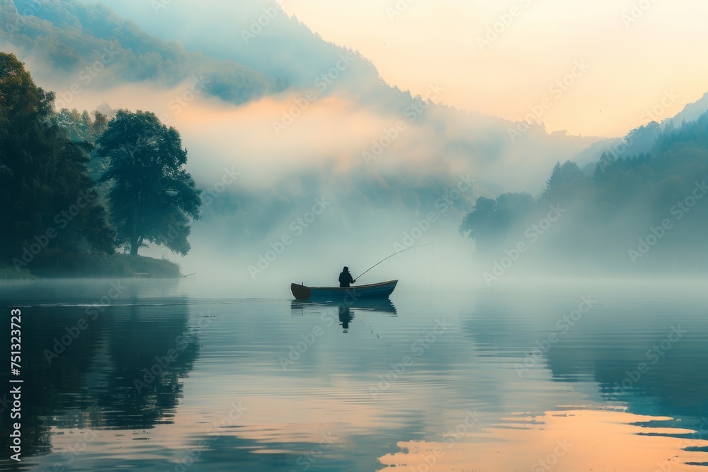 Fototapeta premium Solitary Fishing in Misty Lake at Sunrise 