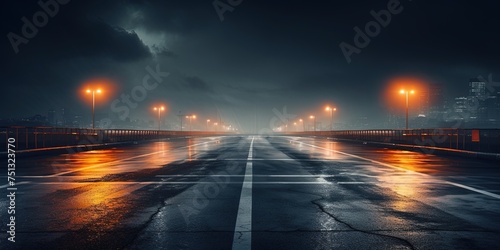 Midnight basement parking area or underpass alley. Wet, hazy asphalt with lights on sidewalls. crime, midnight activity concept.