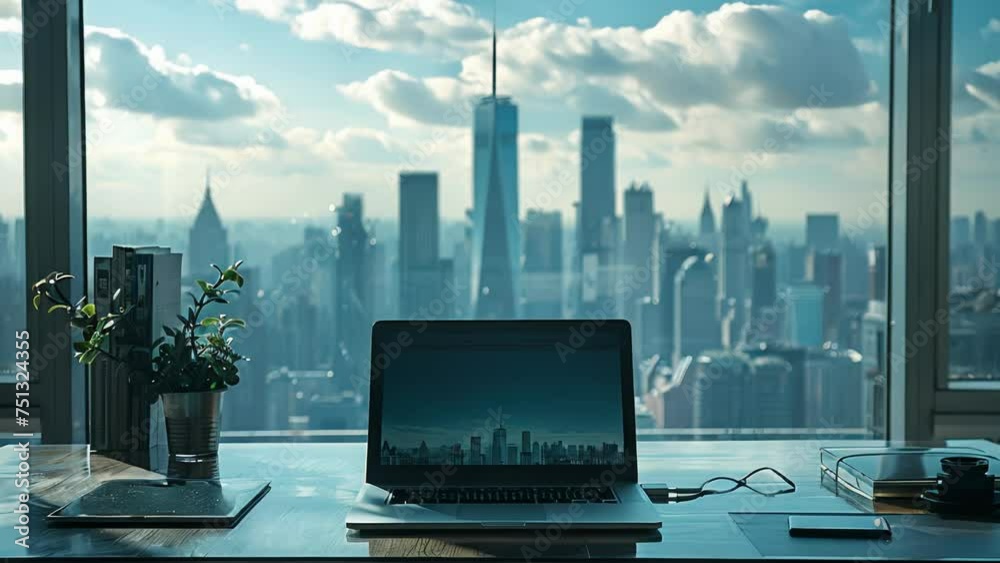A sleek laptop sits on a glass desk in a modern office with a backdrop of the city skyline and skyscrapers basking in sunlight A sleek laptop sits on a glass desk in a modern office with a backdrop of the city skyline and skyscrapers basking in sunlight