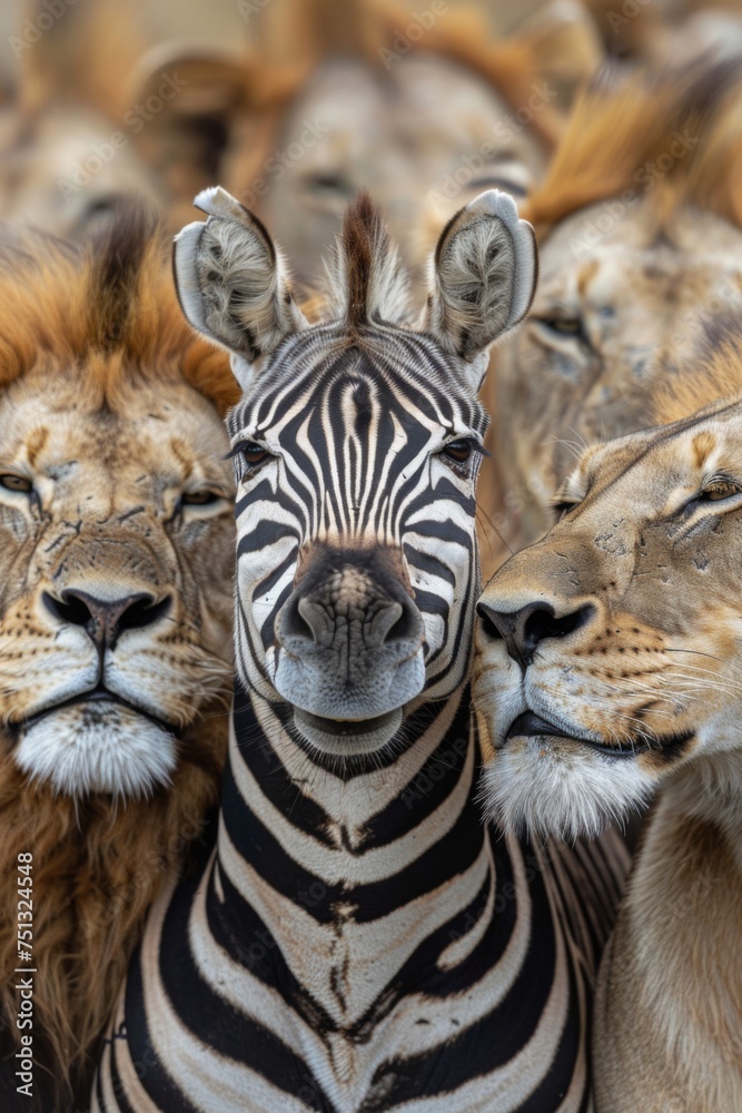 Fototapeta premium portrait of a smiling zebra surrounded by kissing Lions 