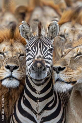 portrait of a smiling zebra surrounded by kissing Lions 