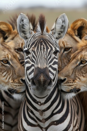 portrait of a smiling zebra surrounded by kissing Lions 