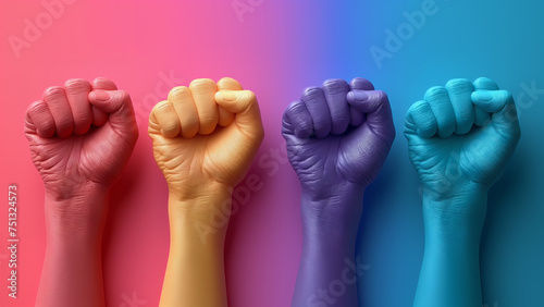 Erhobene Fäuste in Regenbogenfarben, Symbol für Solidarität und Einheit, Konzept für Tag der Arbeit und Homosexualität