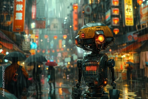 A smart factory robot making its way through the vibrant chaos of a cyberpunk market as rain pours down