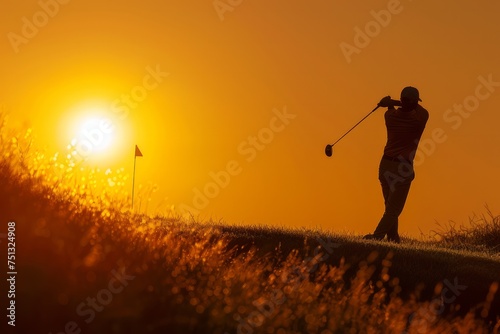 Silhouette of golfer at sunset