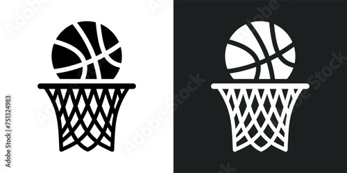Vector illustration of basket for basketball game. Basket ball emblem, ball, basket, basketball hoop in vector design style