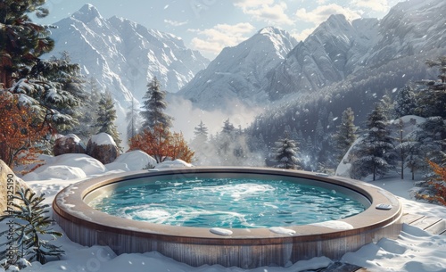 ski resort in the mountains. a hot tub with spa near a winter forest with a snow covered mountain in background  © Denis