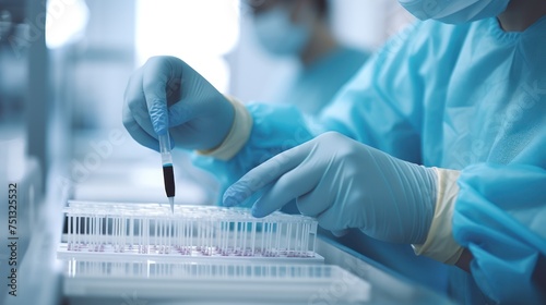 Scientists inject liquid or virus into a flask in the laboratory