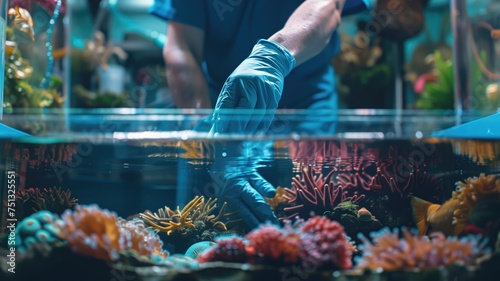 Close-up of hands in gloves tending to vibrant coral in an aquarium setting photo