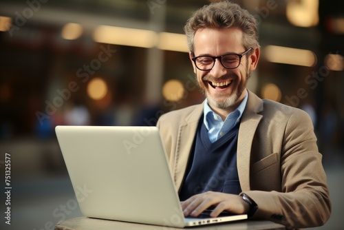 Smiling man laptop. Busy agent. Generate Ai