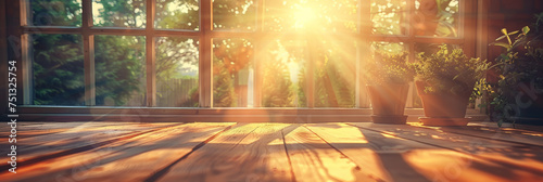 empty  wooden table in front of a window with sunlight in  kitchen, banner design © Planetz