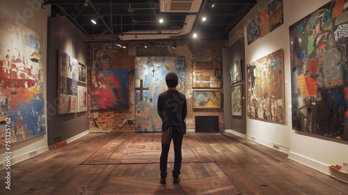 Visitor contemplating artwork in a rustic art gallery setting