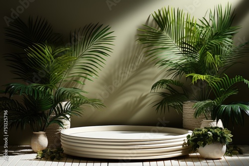 Circle podium with green tropical plants in pots and trendy shadows for product presentation