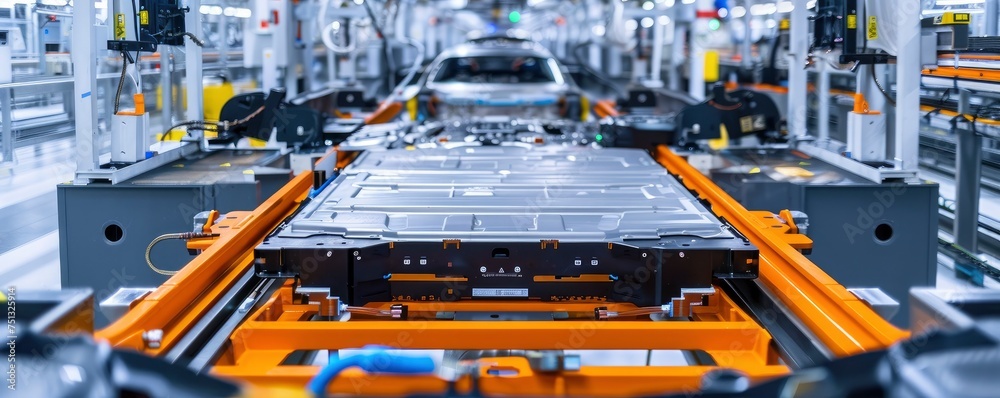 Powering the Future, EV Battery Module on an Automotive Production Line, Exemplifying Technological Advancement in Electric Vehicle Manufacturing