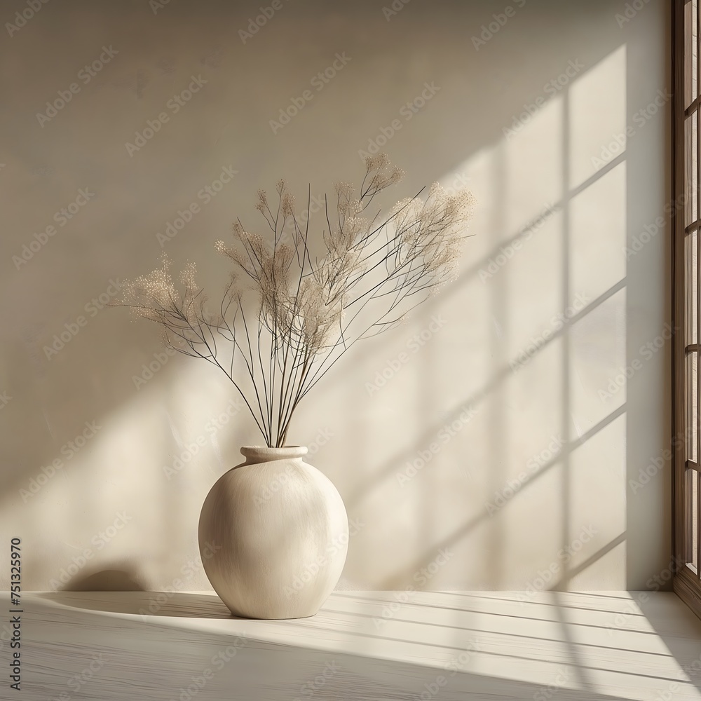 Empty room with shadows of window and dried flowers in vase. Japandi Style studio background