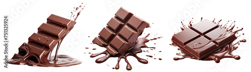 Set of delicious chocolate bar pieces falling into chocolate splashes, cut out